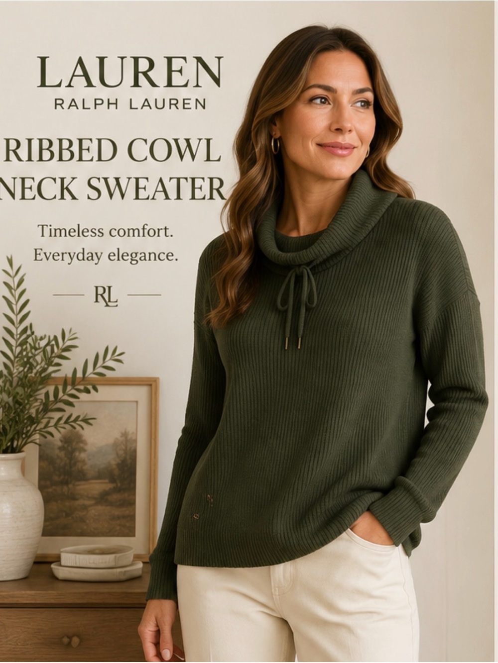 Lauren‎ Ralph Lauren Olive Ribbed Cowl Neck Sweater Large